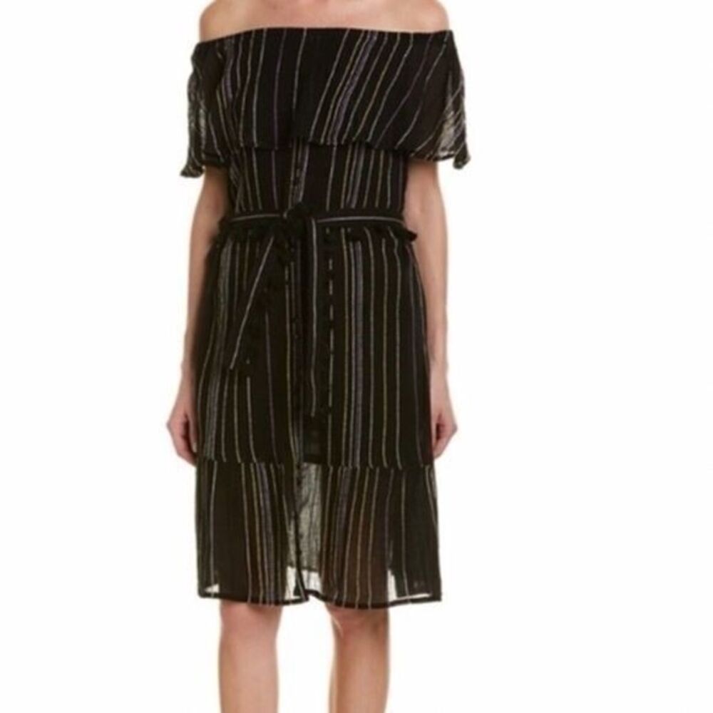 Michael Stars black striped boho off shoulders fringe belted dress medium